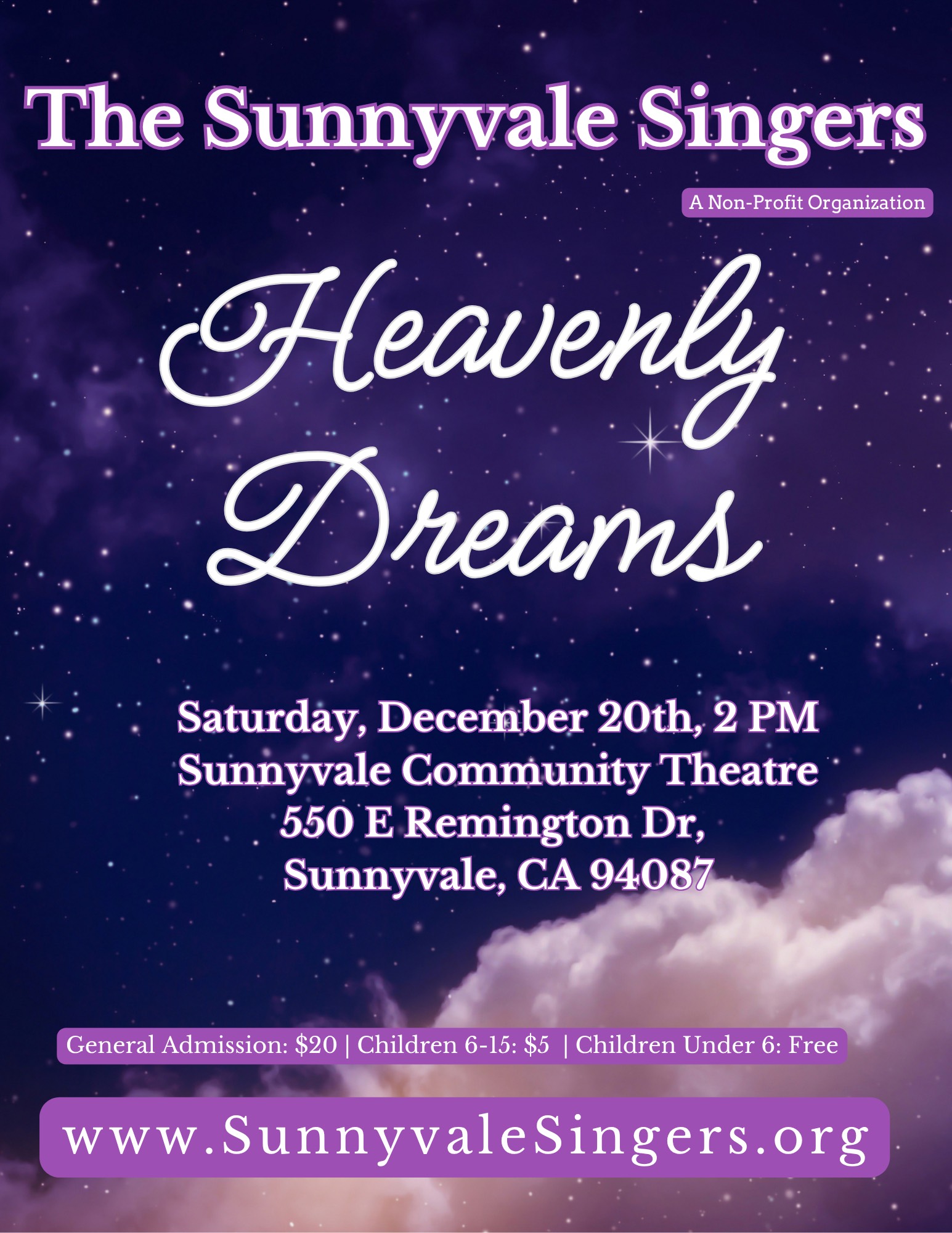 Heavenly Dreams Concert Saturday, Dec 20, 2pm at the Sunnyvale Community Threatre